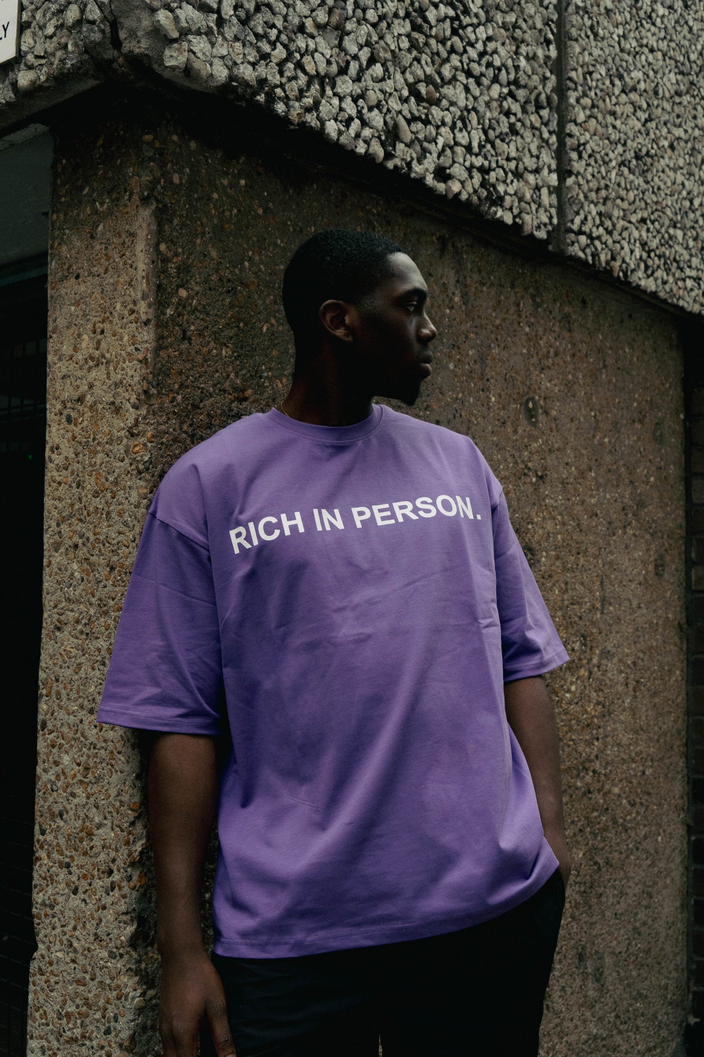 "RICH IN PERSON " Purple Oversized T-Shirt