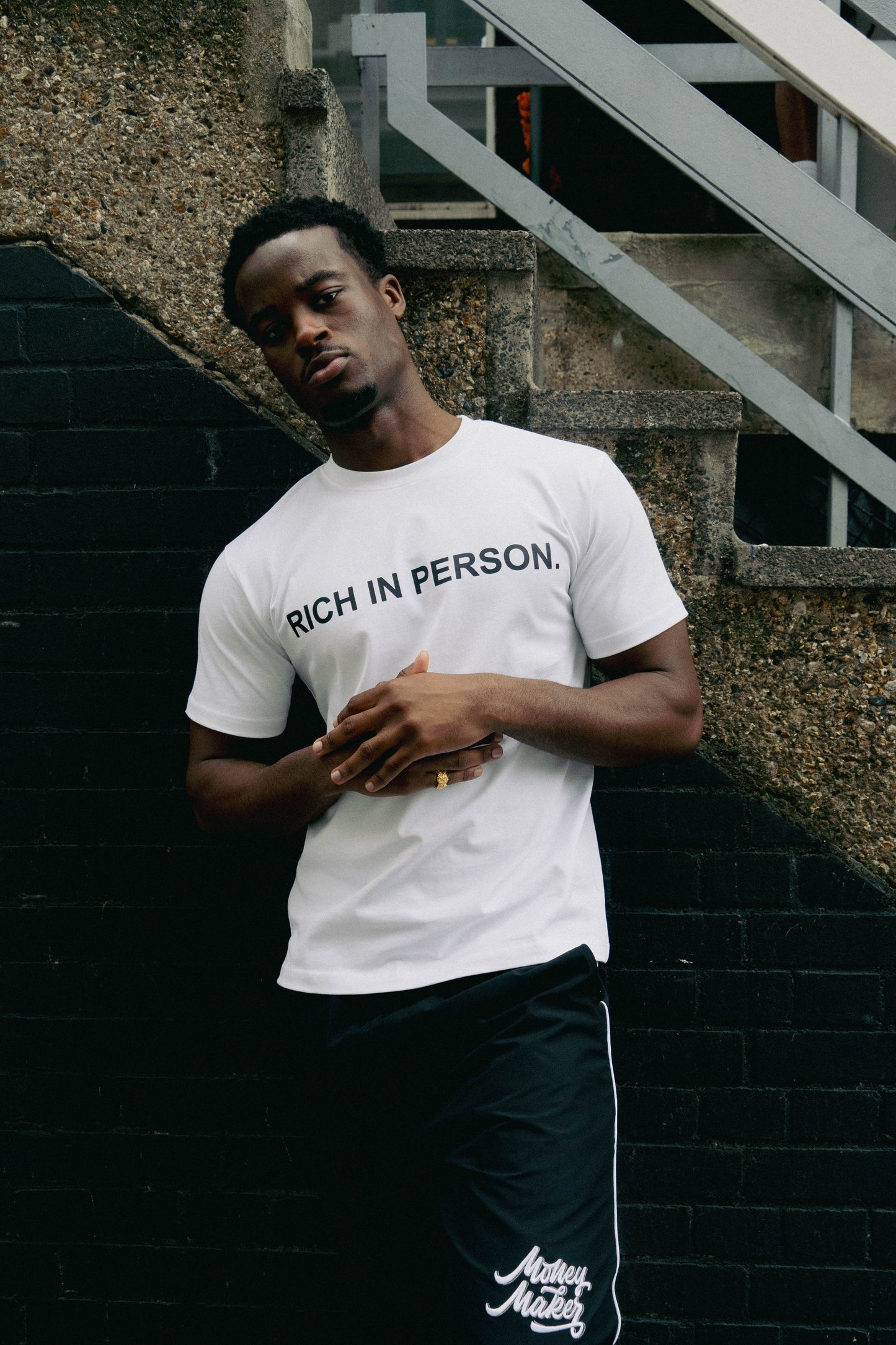"RICH IN PERSON " White Slim Fit T-Shirt